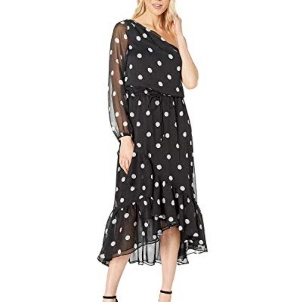 Lauren Ralph Lauren Polka Dot One Shoulder Midi Dress